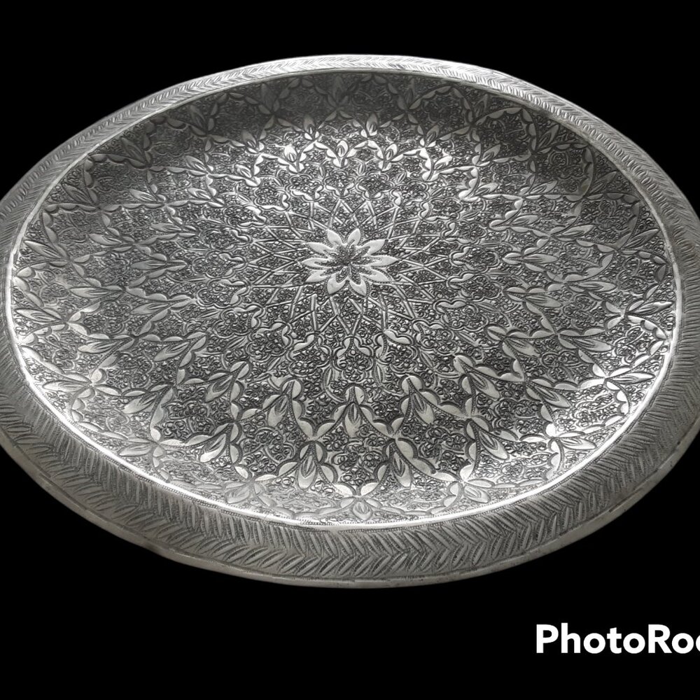 Antique Silver Toned Aluminum Moroccan Tea Tray Wall Hanging - Picture 2 of 5